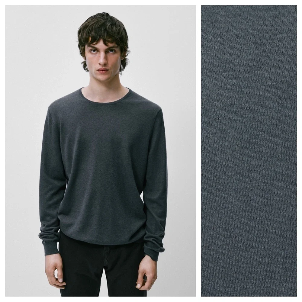 NWT. Massimo Dutti Man Gray Merino Wool/Cashmere Crew Neck Sweater. Size L.